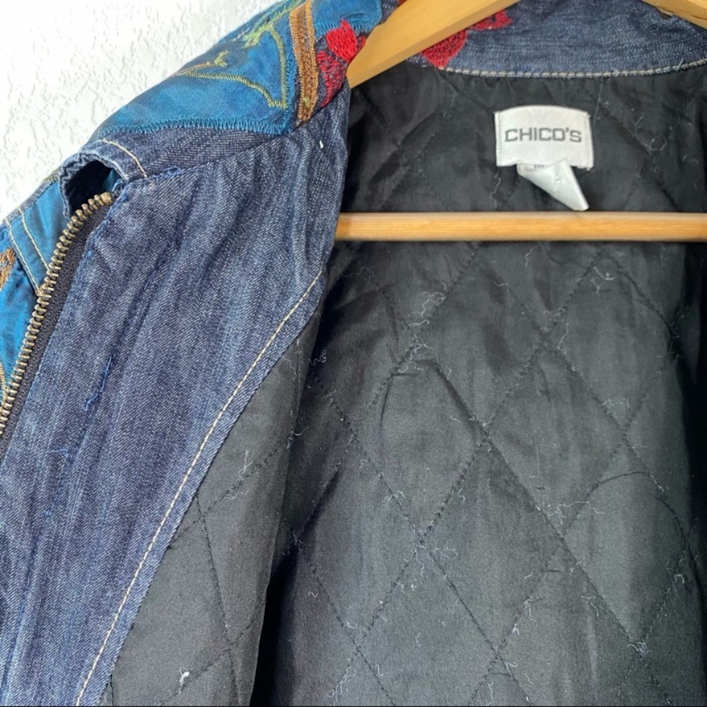 Chico’s Denim Floral Embroidered Zip Jacket - Picture 5 of 12